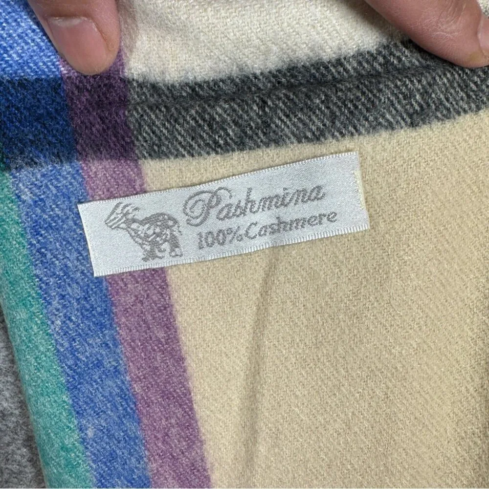 Pashmina 100% Cashmere Cream Plaid Rainbow Scarf One Size Fall Winter Cozy Chic